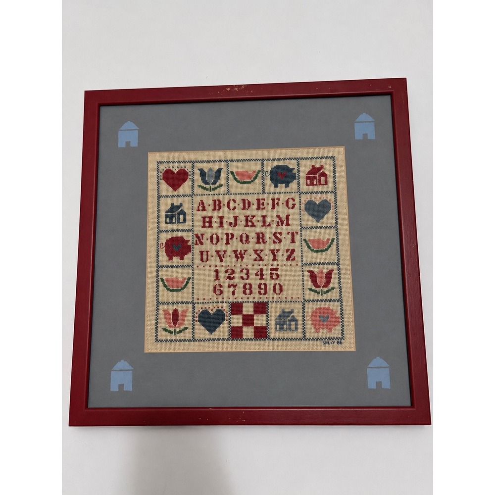 VTG 1986 Hand Stitched‎ Alphabet Needlepoint Sampler Framed Cottage 15.5x15.75"